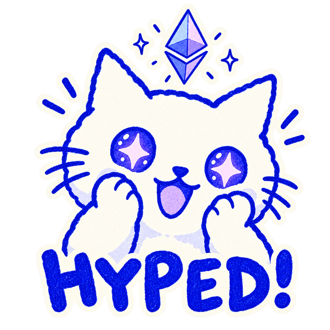 An excited white cat with star eyes and paws on its cheeks