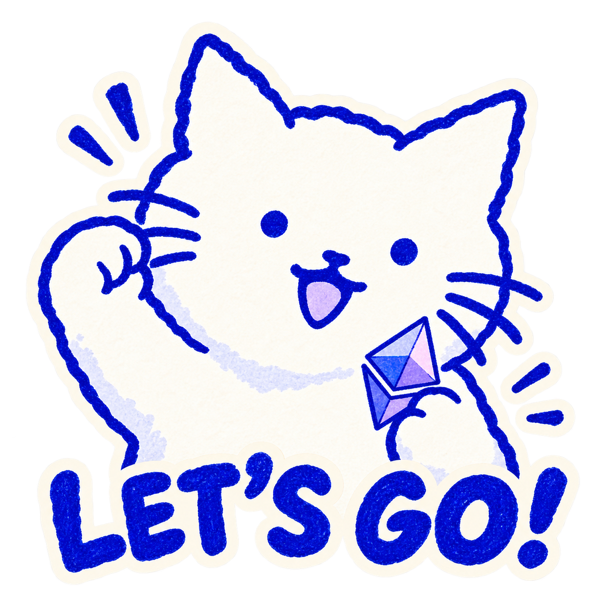 The cat cheering with a raised paw and an Ethereum diamond