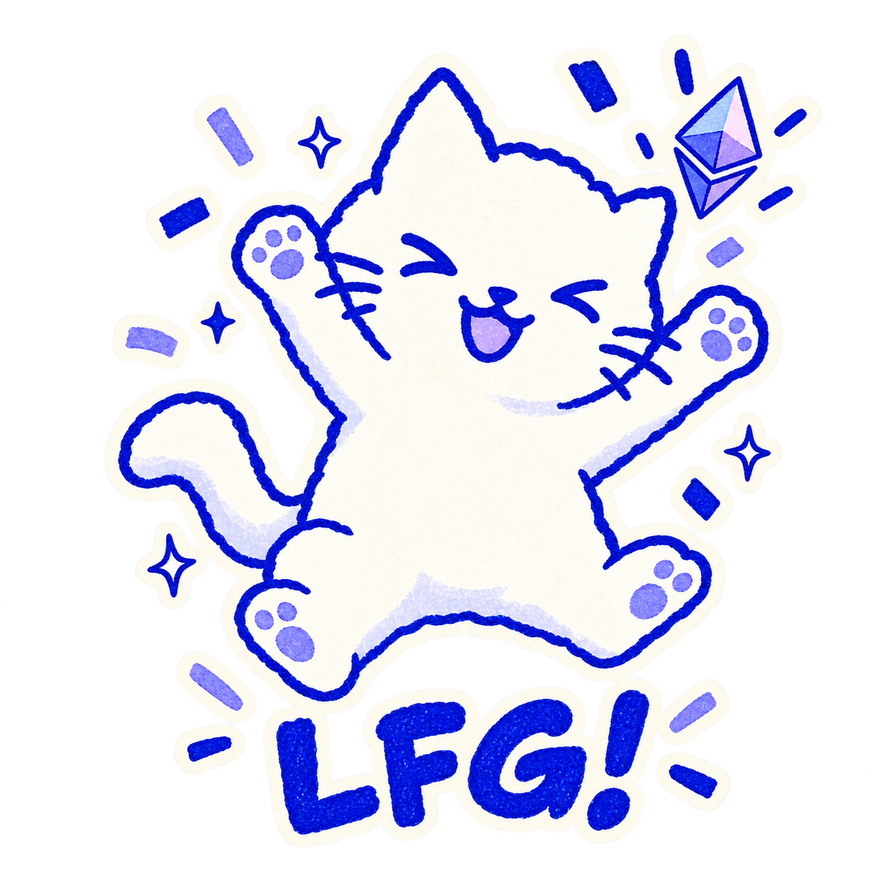 The white cat jumping with both paws raised and confetti