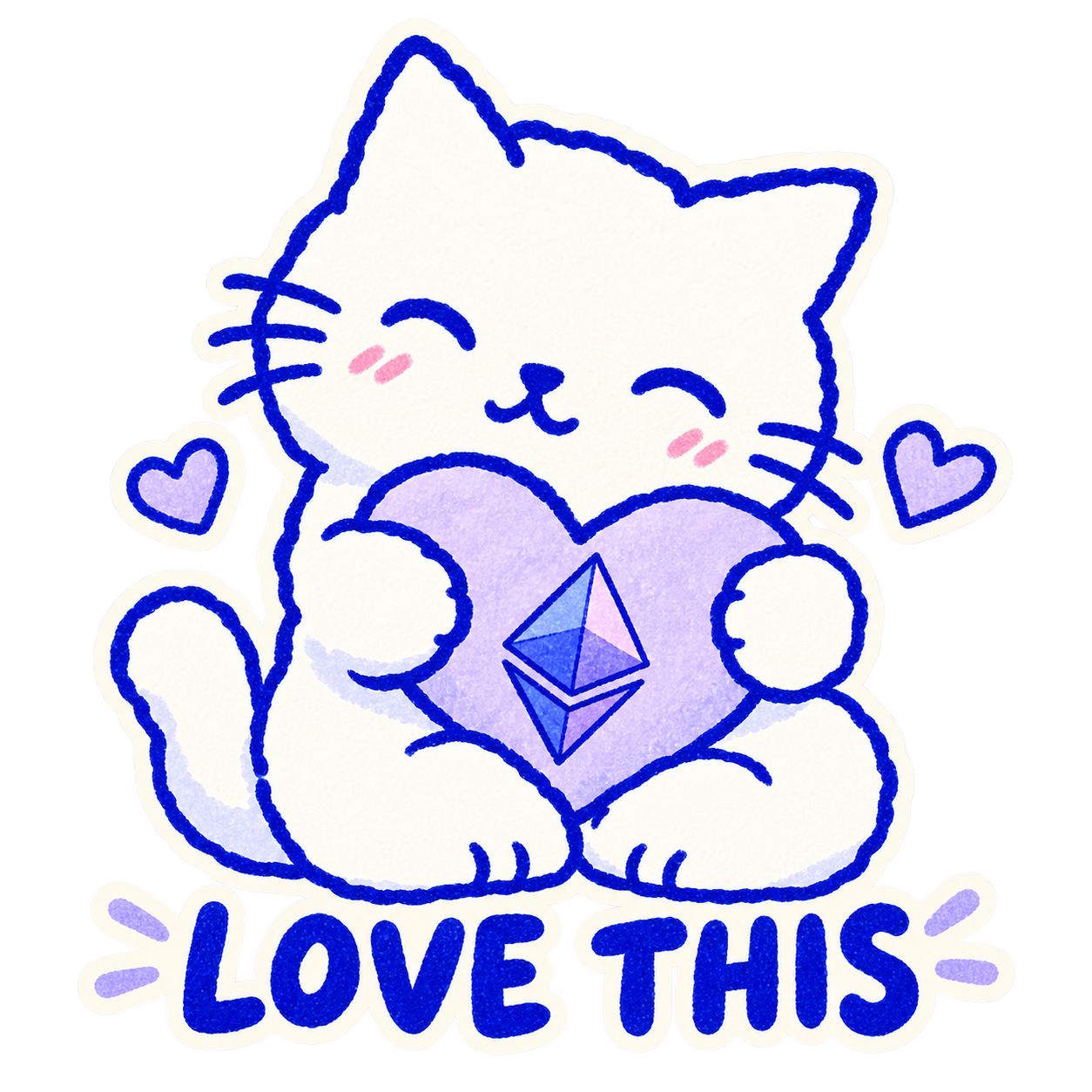 The smiling cat hugging a lavender heart with an Ethereum emblem